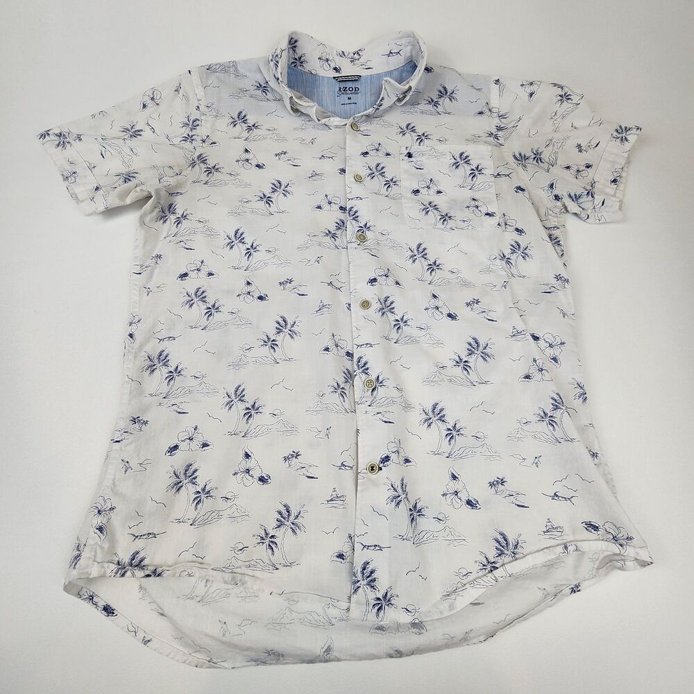 IZOD Saltwater Men's Tropical Palm Tree Button Up Camp Shirt White Blue Medium